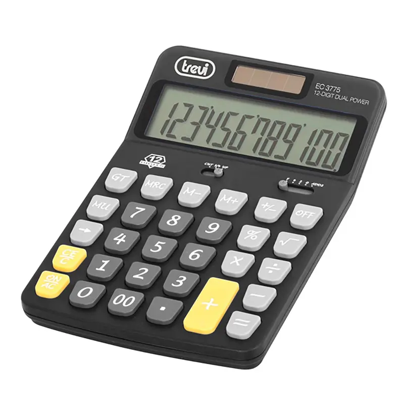 Trevi EC 3775 Calcolatrice elettronica da tavolo con tastiera e display a 12 cifre di grandi dimensioni, funzionamento a batteria e luce solare
