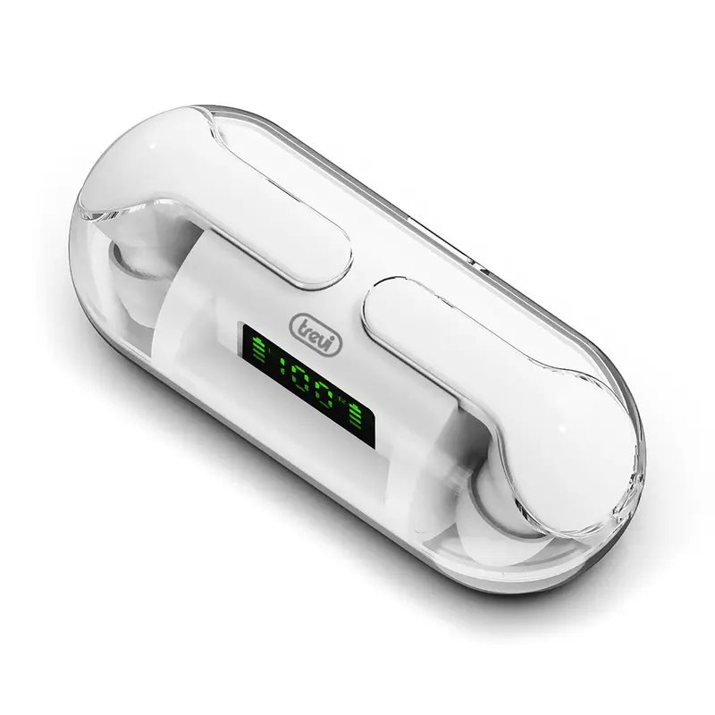 Trevi HMP 12E08 Air Cuffie auricolari Bluetooth wireless sportive con microfono e controlli touch, astuccio custodia base di ricarica magnetica inclusa, bianco
