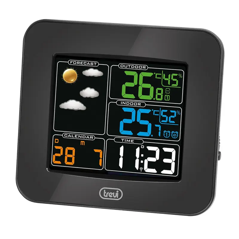 Trevi ME 3165 RC Stazione Meteo con display a colori con sensore esterno senza fili radiocontrollato, Termometro, Umidità, due sveglie, funzione prosponi