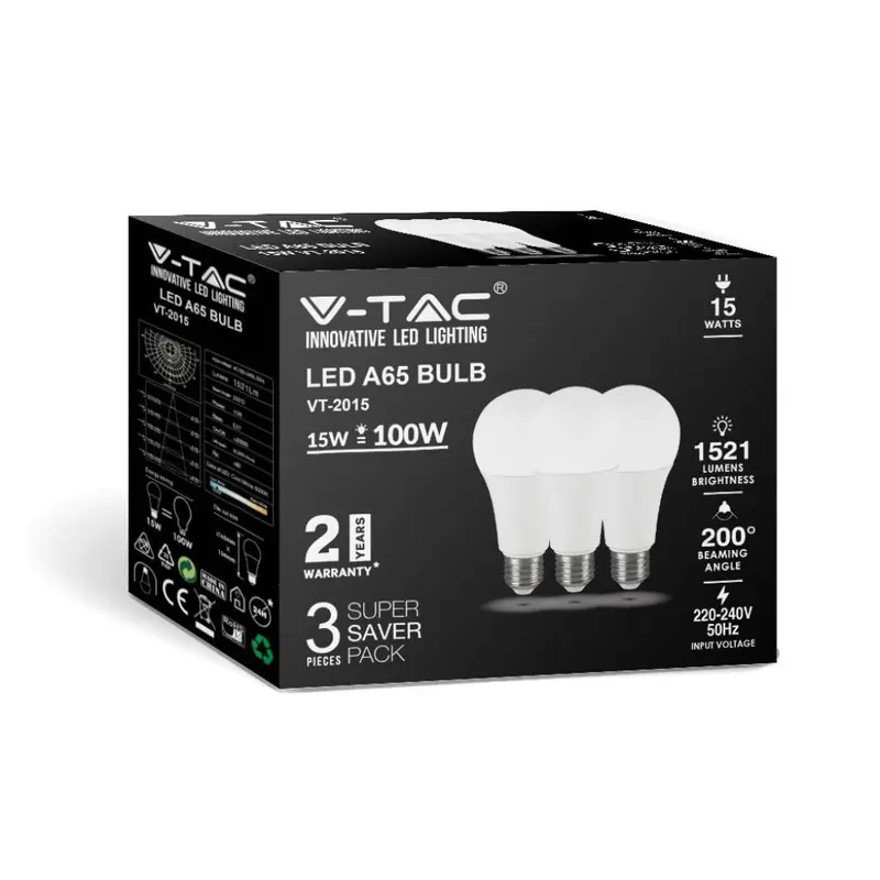 V-TAC KIT 3 PEZZI Lampadina LED E27 15W A65 4000K SKU 212820 VT-2015-3PC