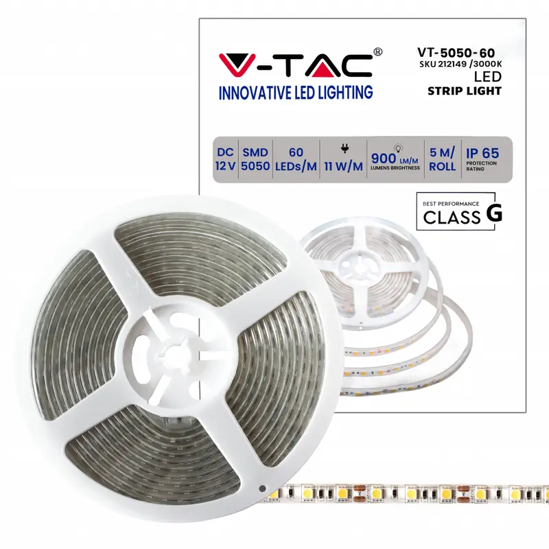 V-TAC Strip LED SMD5050 11W/m 5m 60 LED/m 12V 3000K IP65 10mm 212149