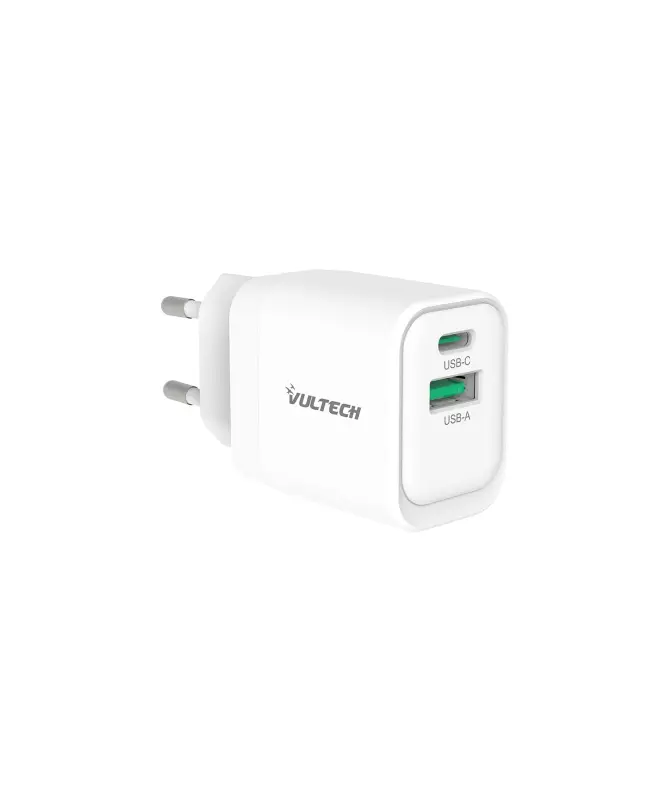 VULTECH CARICATORE ADATTATORE UNIVERSALE, 1 X TYPE-C PD30 E 1 X USB QC3.0, GAN PPS 33W, BIANCO COMPA