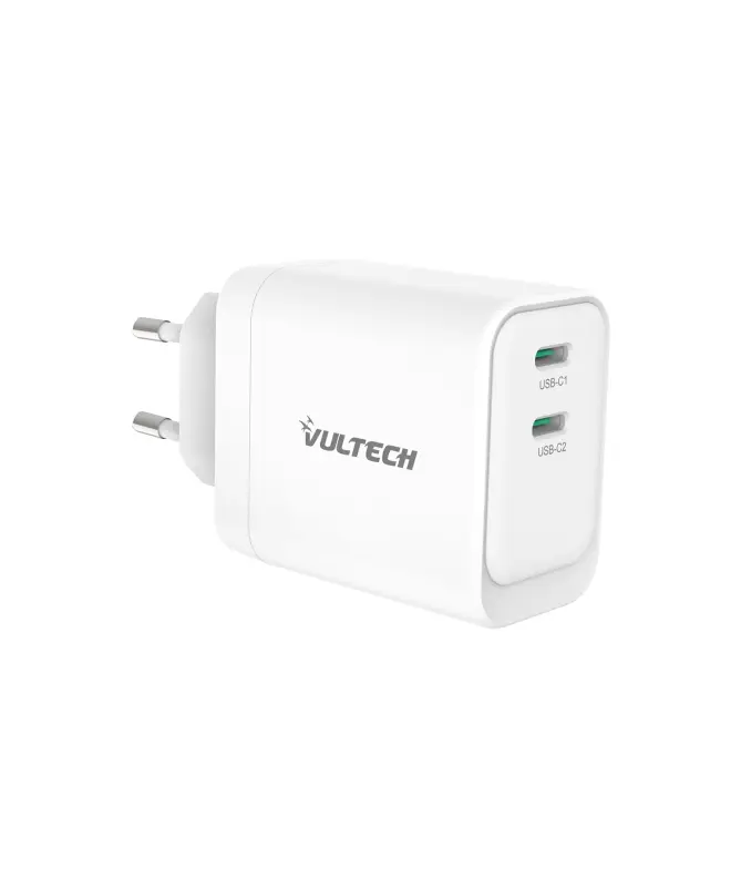 VULTECH CARICATORE ADATTATORE UNIVERSALE, 2 X TYPE-C, PD45 GAN PPS 45W, BIANCO COMPATTO